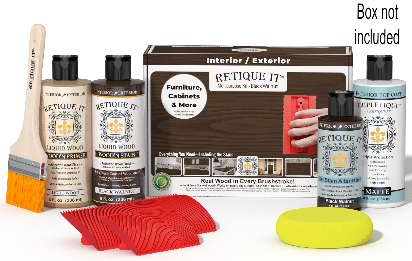 Retique It® Black Walnut Wood'n Kit with Matte TripleTique® shown with the Black Walnut Multipurpose Kit box, brush, Light Wood primer, Black Walnut stain, Black Walnut Gel Stain Alternative, Matte TripleTique® top coat, a yellow sponge, and a red graining tool.