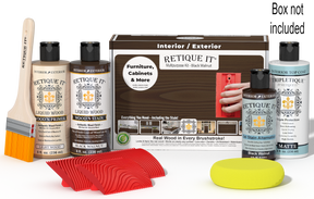 Retique It® Black Walnut Wood'n Kit with Matte TripleTique® shown with the Black Walnut Multipurpose Kit box, brush, Light Wood primer, Black Walnut stain, Black Walnut Gel Stain Alternative, Matte TripleTique® top coat, a yellow sponge, and a red graining tool.