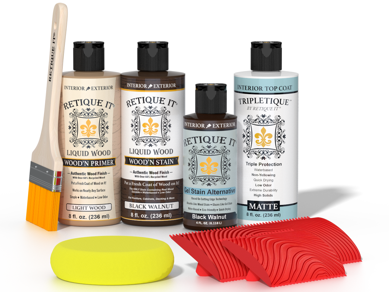 Retique It® Black Walnut Wood'n Kit with Matte TripleTique® includes a brush, Light Wood primer, Black Walnut stain, Black Walnut Gel Stain Alternative, Matte TripleTique® top coat, a yellow sponge, and a red graining tool.