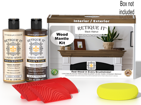 Retique It® Black Walnut wood finish kit for fireplace mantels, includes stains and application tools, shown in the image.