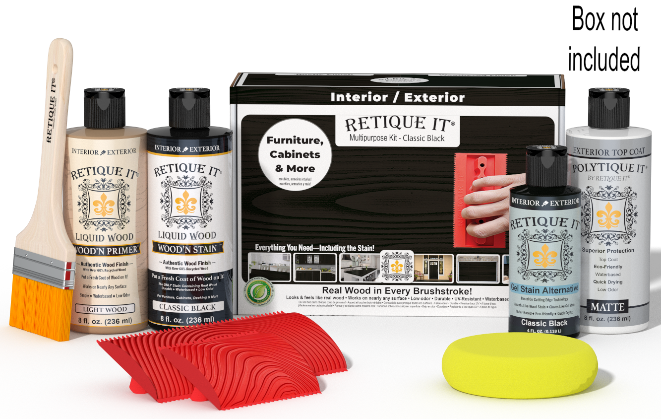 Retique It® Wood'n Finish Kit in Classic Black for exterior top coating, includes wood finishing supplies and tools.