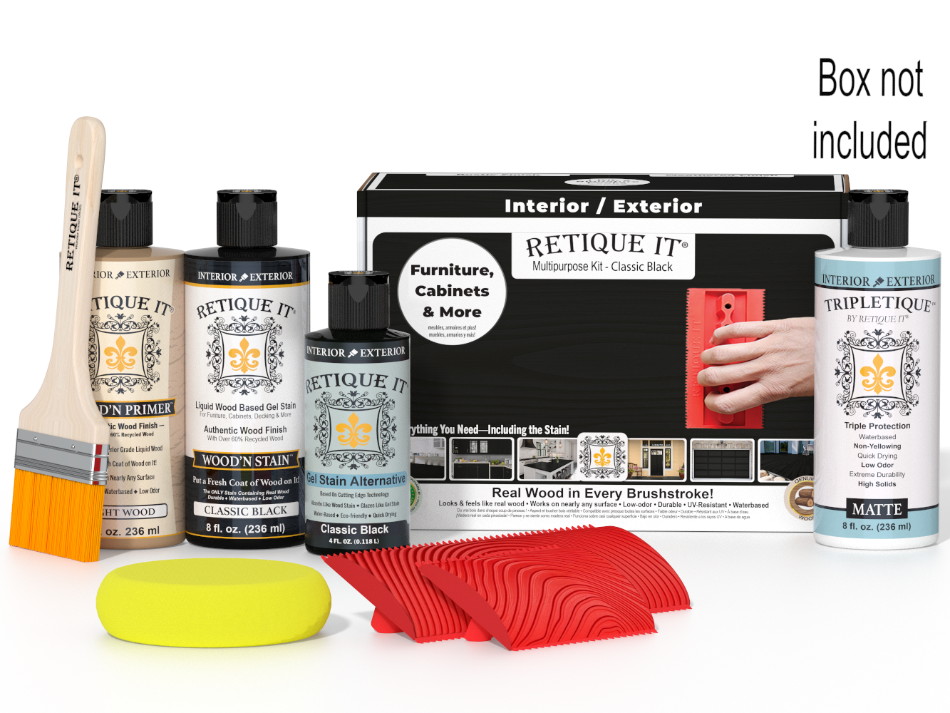 Retique It® Wood'n Finish Kit in Classic Black for interior wood projects, featuring top coat application in a compact box.
