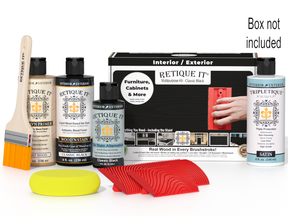 Retique It® Wood'n Finish Kit in Classic Black, interior top coat for wood furniture, shown in the box with application tools.