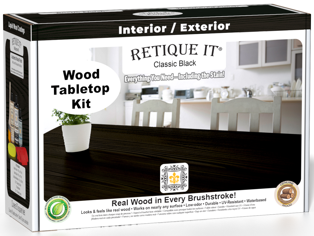 Retique It® Classic Black Wood Tabletop Kit retail box featuring a Classic Black wood tabletop finish and kitchen scene.