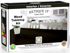 Retique It® Classic Black Wood Tabletop Kit retail box featuring a Classic Black wood tabletop finish and kitchen scene.