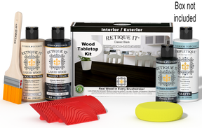 Retique It® Classic Black Wood Tabletop Kit with Light Wood primer, Classic Black stain, Classic Black gel stain alternative, Matte Tripletique® Top Coat, brush, red graining tool, yellow sponge, and product box.