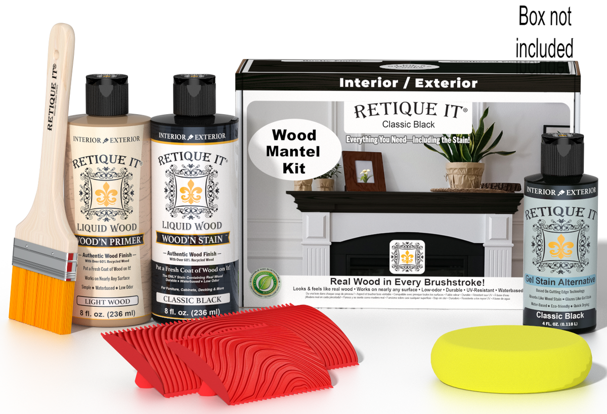 Retique It Fireplace Mantel Wood'n Finish Kit in Classic Black, stain set with applicator brush and instructions for wood finishing.