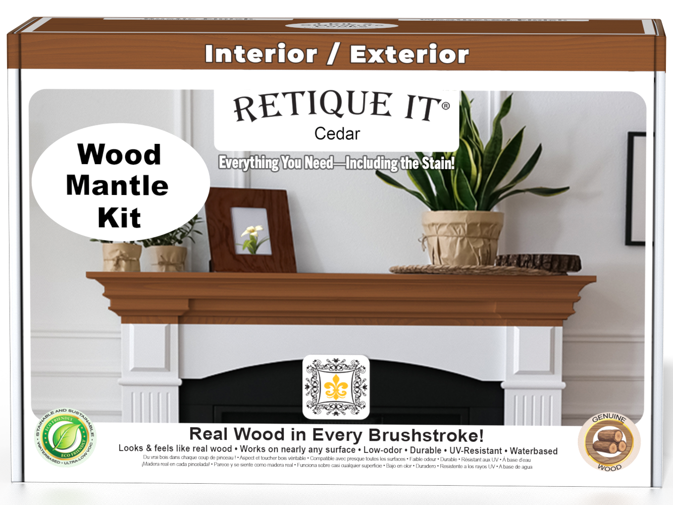 Retique It® Cedar wood finish kit for fireplace mantels, showing the stained cedar wood surface and finish details.