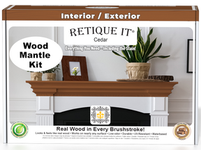 Retique It® Cedar wood finish kit for fireplace mantels, showing the stained cedar wood surface and finish details.