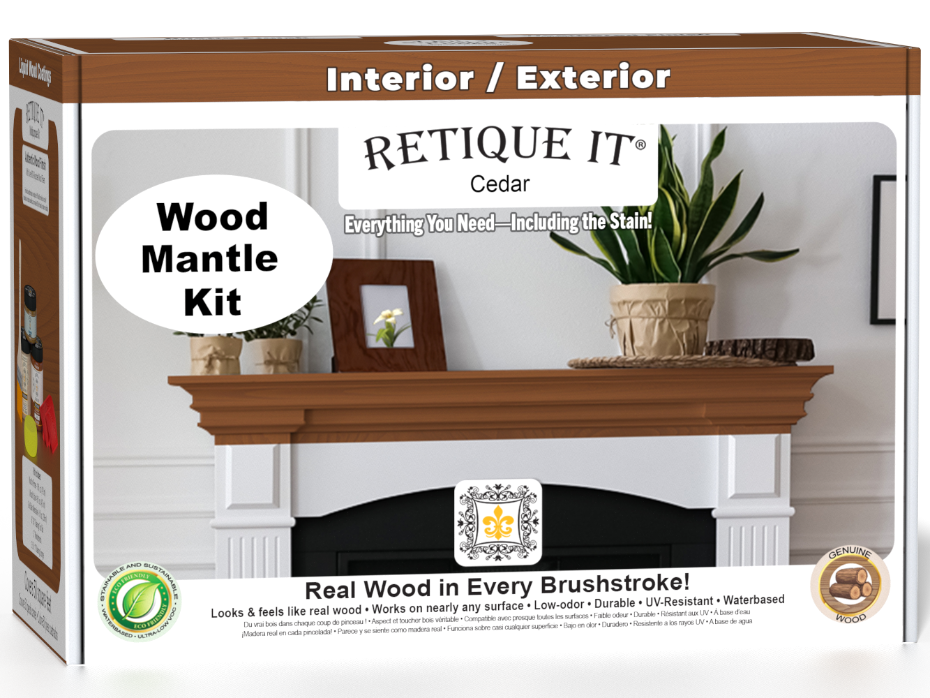 Retique It® Cedar wood finish kit for fireplace mantels, featuring stain options displayed on a 3D mantel sample.