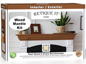 Retique It® Cedar wood finish kit for fireplace mantels, featuring stain options displayed on a 3D mantel sample.