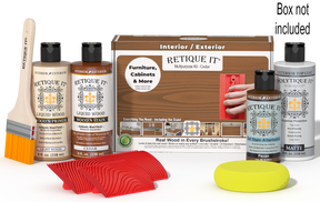 Retique It® Wood'n Finish Kit in cedar for exterior top coat, includes brushes and wood treatment products in a compact box.