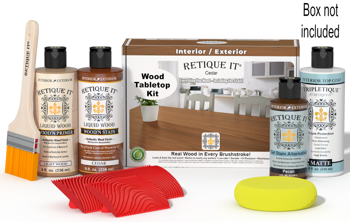 Retique It® Cedar Wood Tabletop Kit with Light Wood primer, Cedar stain, Pecan gel stain alternative, Matte Tripletique® Top Coat, brush, red graining tool, yellow sponge, and product box.
