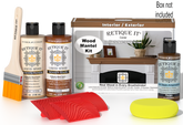 Retique It® Cedar wood finish kit for fireplace mantels, featuring stains and application tools in the image.