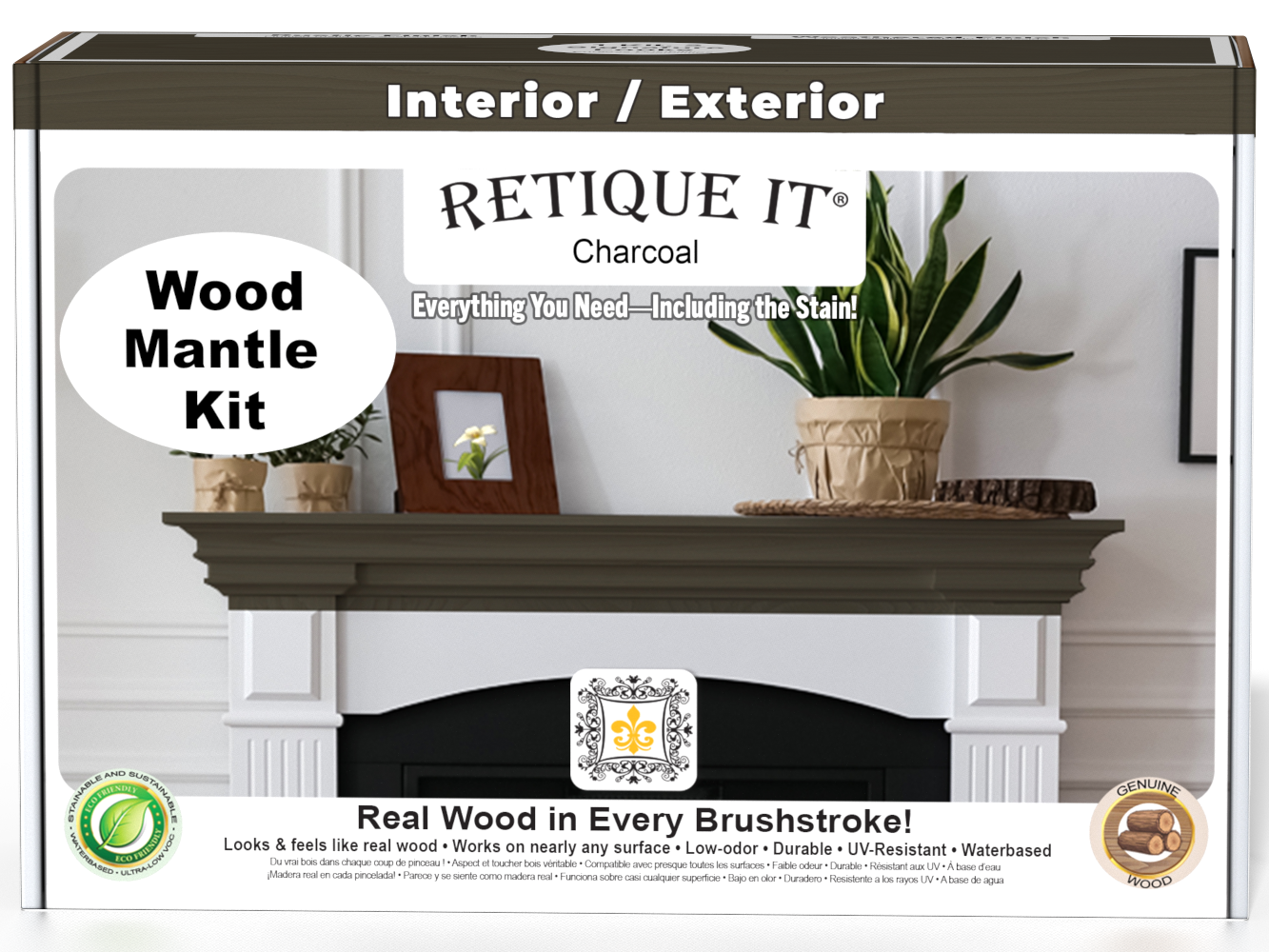 Retique It® Wood'n Finish Kit in Charcoal for fireplace mantels, showing the stain application on wood surface.