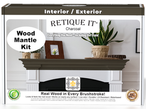 Retique It® Wood'n Finish Kit in Charcoal for fireplace mantels, showing the stain application on wood surface.