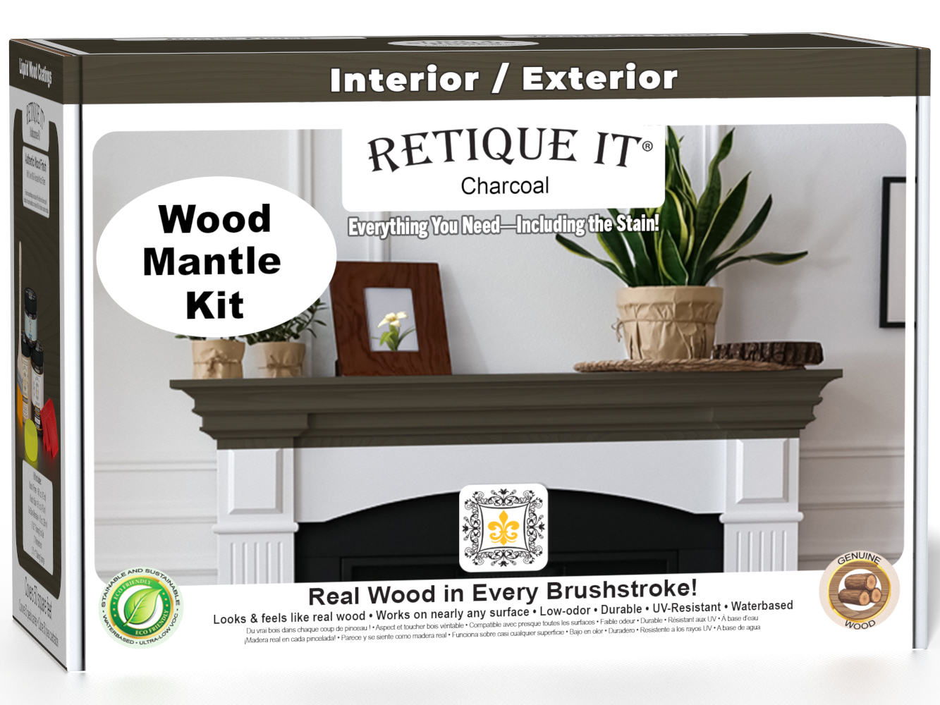 Retique It® Fireplace Mantel Wood'n Finish Kit in Charcoal stain, featuring wood stain and finishing supplies for mantel customization.