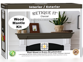 Retique It® Fireplace Mantel Wood'n Finish Kit in Charcoal stain, featuring wood stain and finishing supplies for mantel customization.