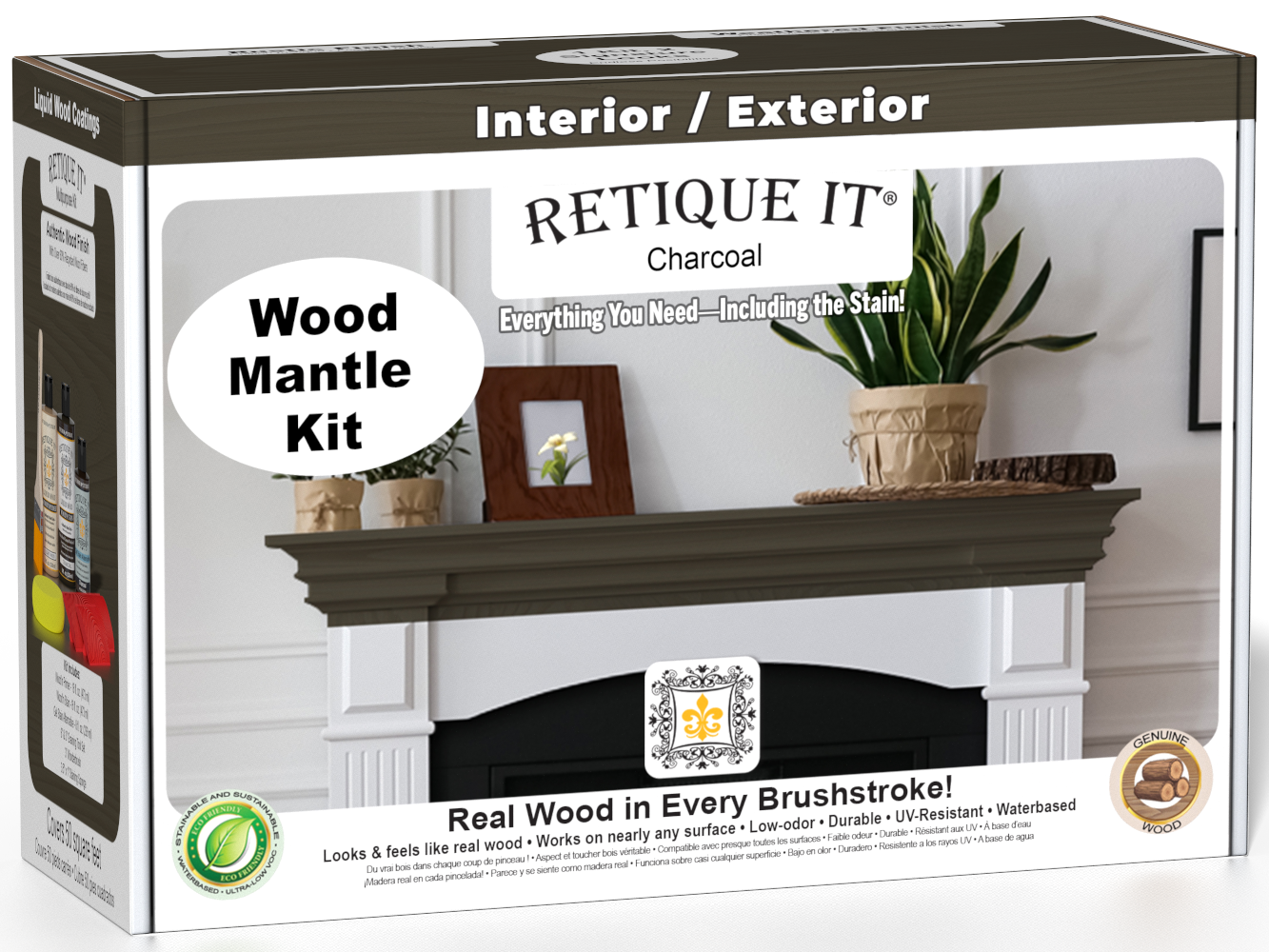Retique It® Wood'n Finish Kit in Charcoal for fireplace mantels, featuring stain and finishing supplies in a box.