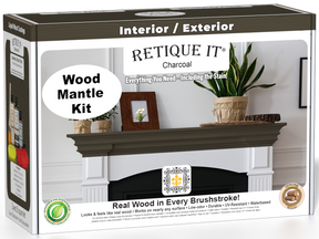 Retique It® Wood'n Finish Kit in Charcoal for fireplace mantels, featuring stain and finishing supplies in a box.