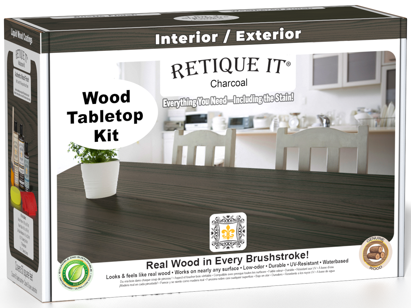 Retique It® Wood'n Finish Kit in Charcoal for tabletops, featuring stain bottles and application tools in the kit.