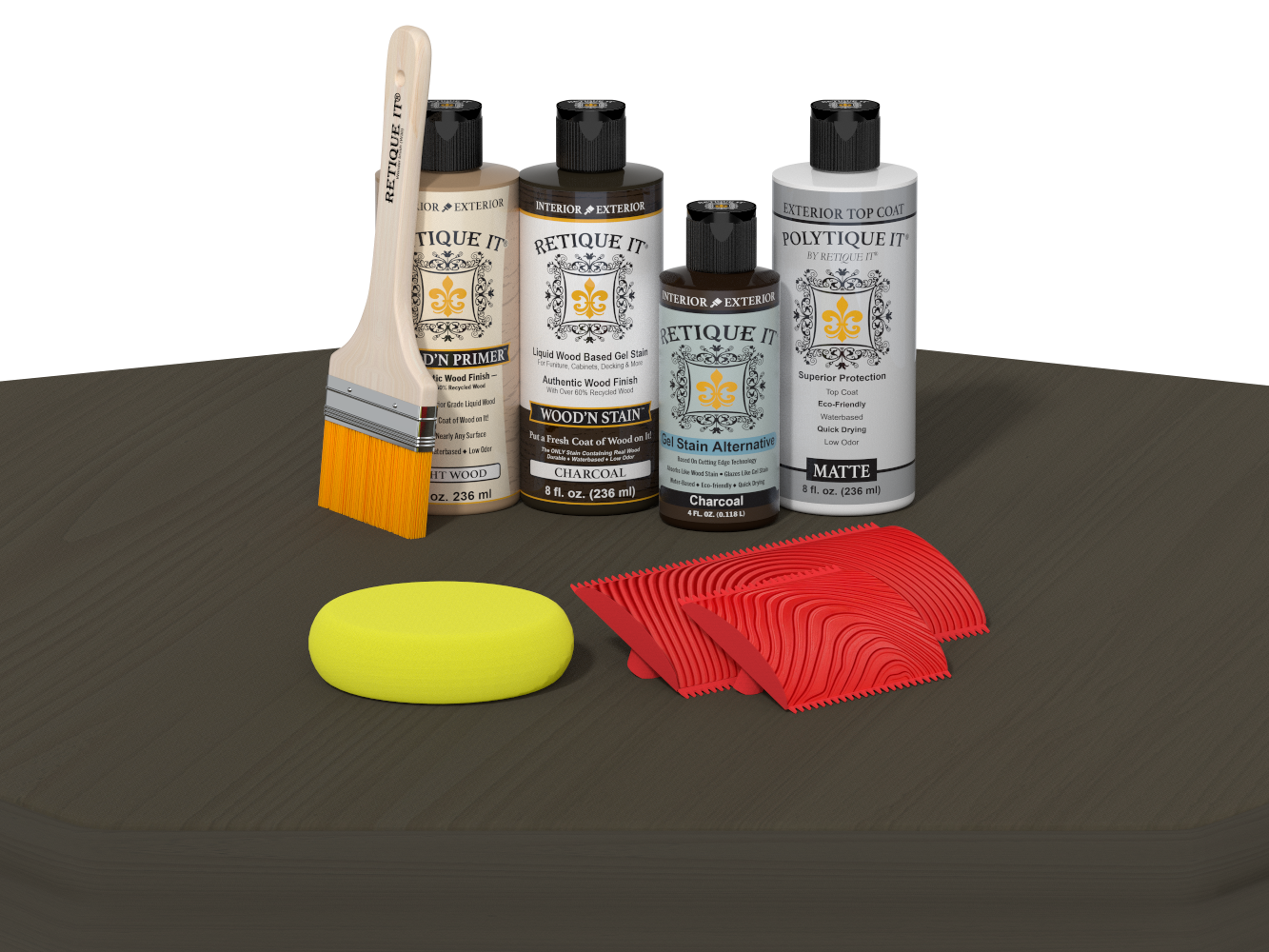 Retique It® Wood'n Finish Kit in charcoal for exterior wood projects, shown on a table with tools and wood surface.