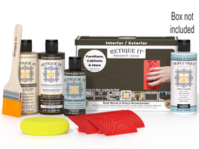 Retique It® Wood'n Finish Kit in charcoal for interior wood projects, includes top coat and application supplies in a compact box.