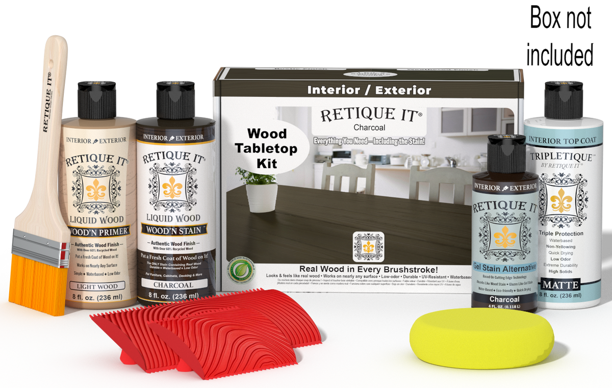 Retique It® Charcoal Wood Tabletop Kit with Light Wood primer, Charcoal stain, Charcoal gel stain alternative, Matte Tripletique® Top Coat, brush, red graining tool, yellow sponge, and product box.