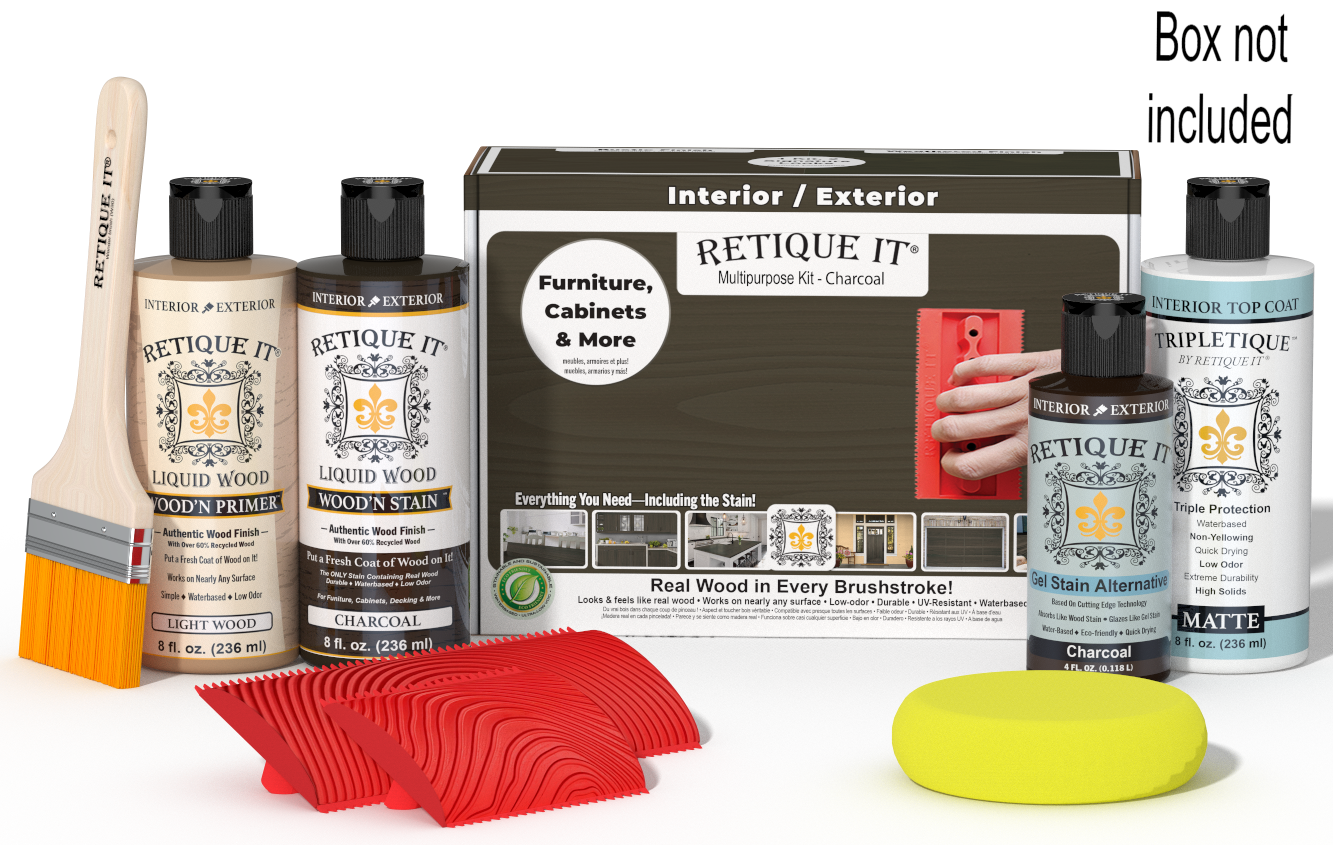 Retique It® Charcoal Multipurpose Kit with Light Wood primer, Charcoal stain, Charcoal gel stain alternative, Matte Tripletique® Top Coat, brush, red graining tool, yellow sponge, and product box.