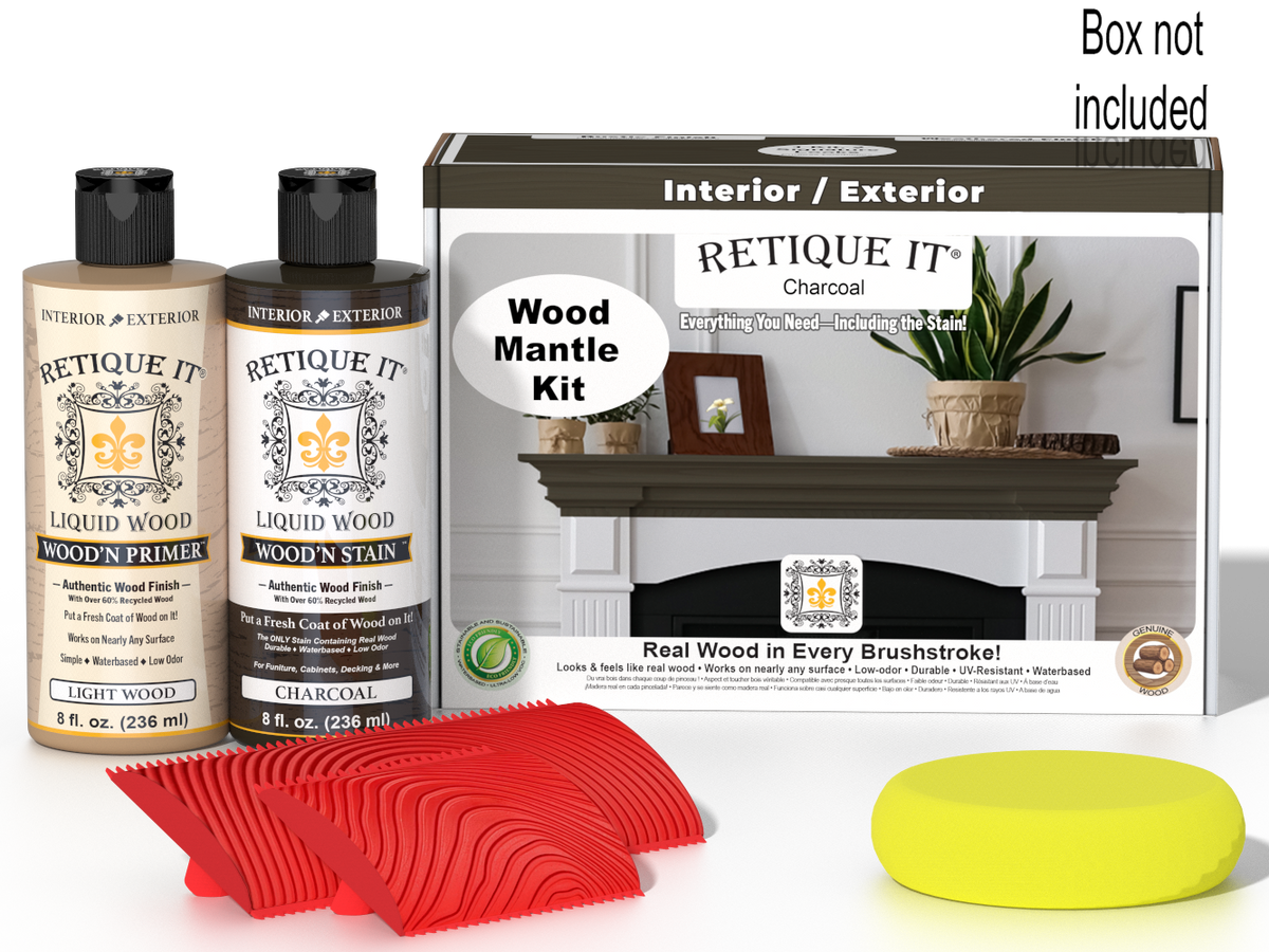Retique It® Wood'n Finish Kit in Charcoal stain for fireplace mantels, featuring wood stain and finishing supplies shown in the image.
