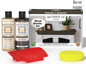 Retique It® Wood'n Finish Kit in Charcoal stain for fireplace mantels, featuring wood stain and finishing supplies shown in the image.
