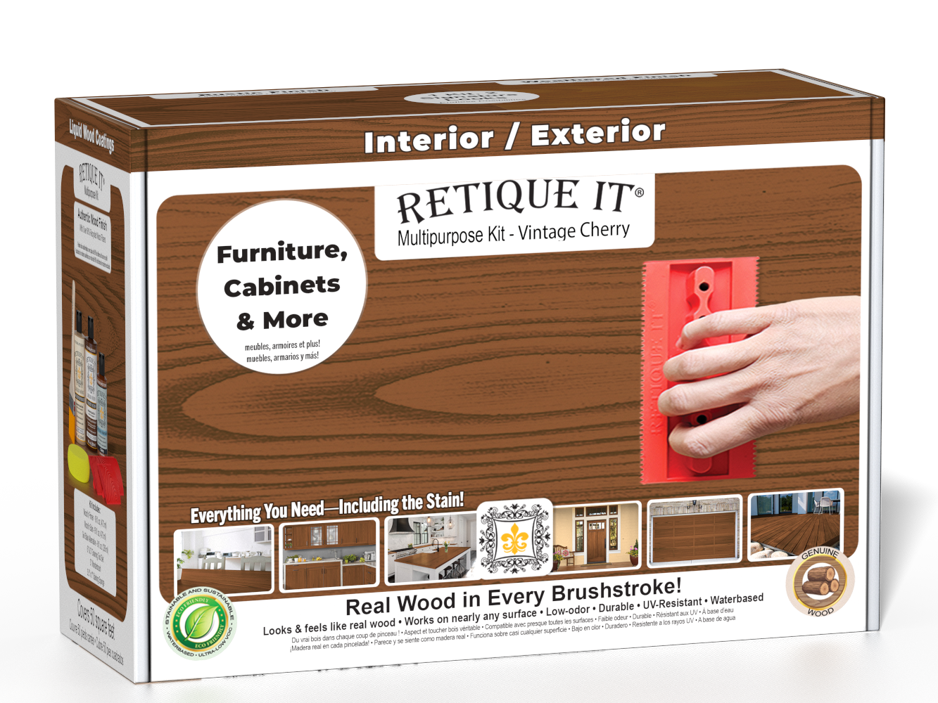 Retique It Wood'n Finish Kit in Vintage Cherry exterior top coat, featuring wood finish products and tools in a box.