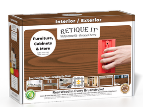 Retique It Wood'n Finish Kit in Vintage Cherry exterior top coat, featuring wood finish products and tools in a box.
