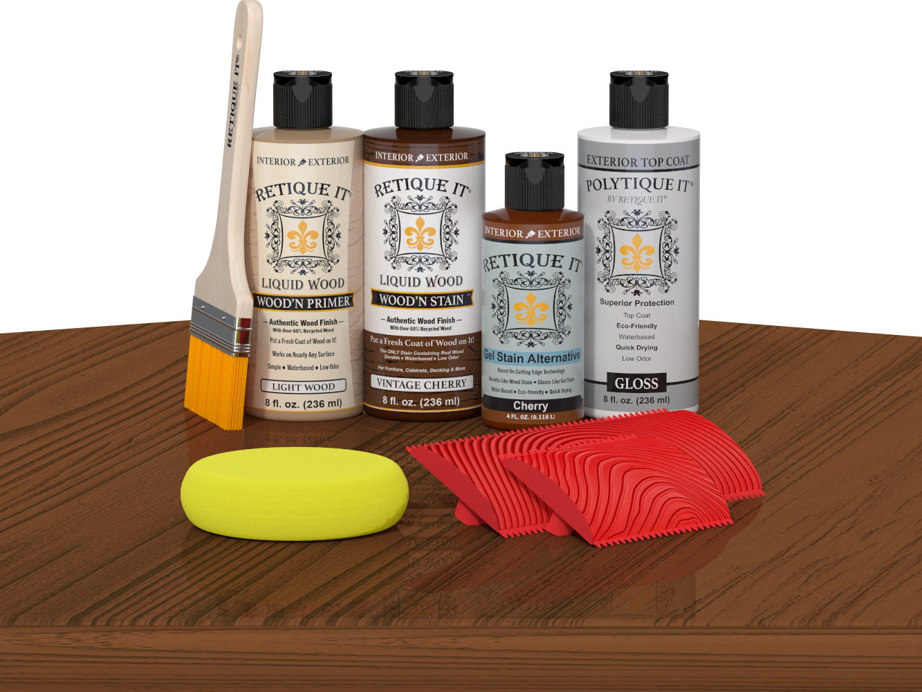Vintage Cherry Wood'n Finish Kit by Retique It for exterior wood projects, includes top coat and application tools.