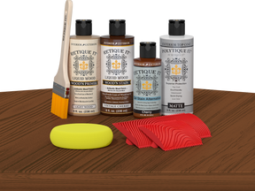 Retique It Wood'n Finish Kit in Vintage Cherry with exterior top coat on a table, showcasing the multi-purpose wood finishing set.