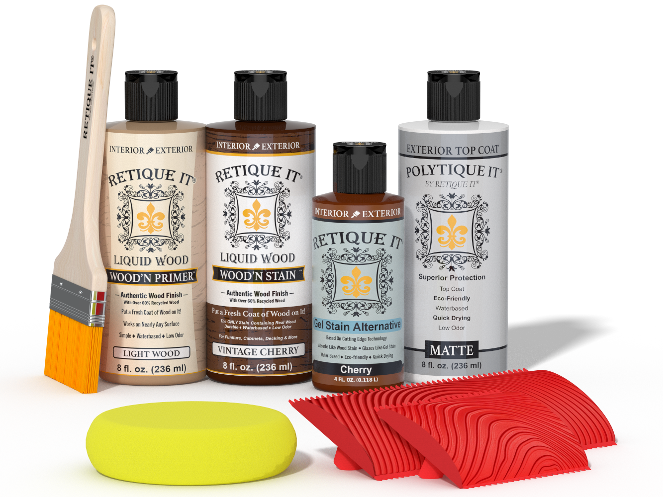 Retique It Wood'n Finish Kit in Vintage Cherry for exterior wood projects, featuring the top coat in a multi-purpose kit.