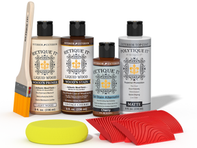 Retique It Wood'n Finish Kit in Vintage Cherry for exterior wood projects, featuring the top coat in a multi-purpose kit.
