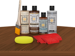 Retique It Wood'n Finish Kit in Vintage Cherry with exterior top coat, displayed on a table, showcasing wood finishing supplies.