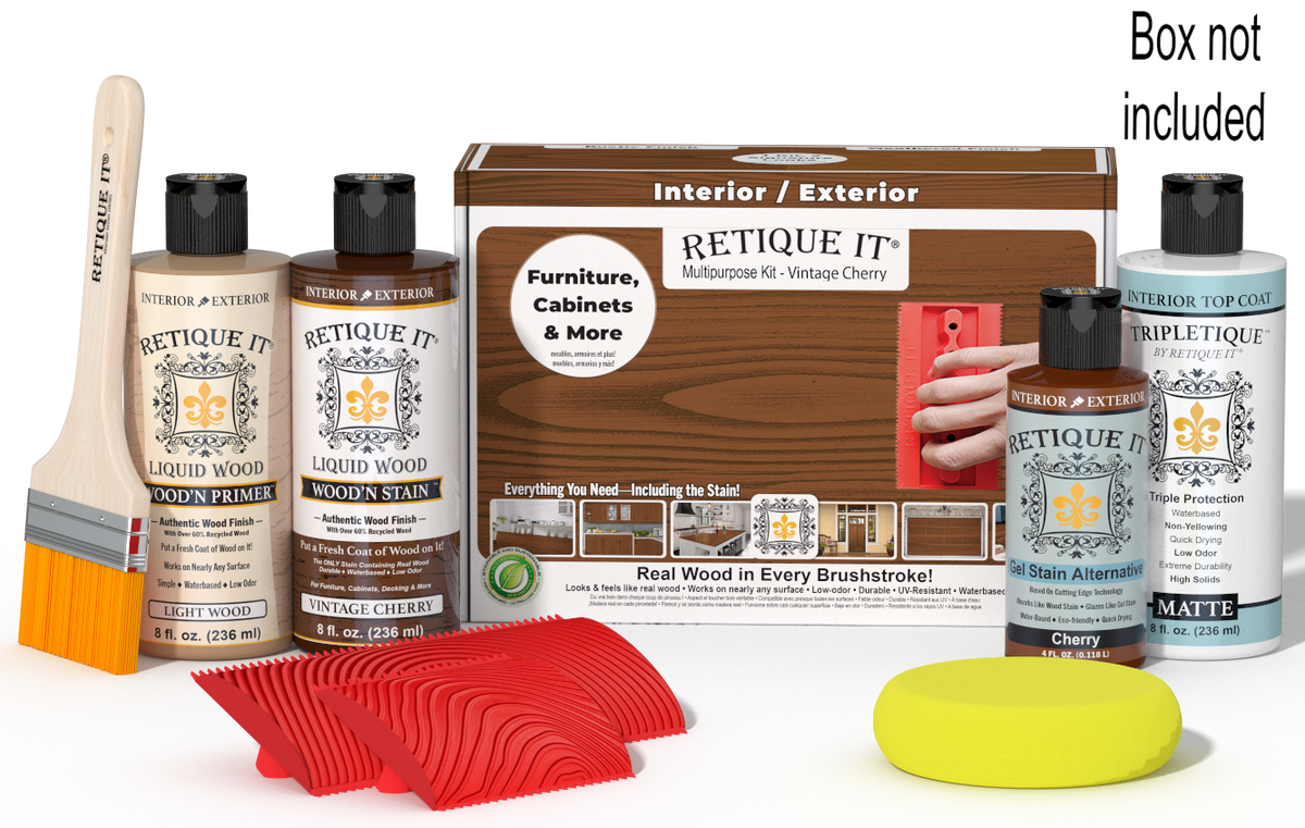 Retique It® Cherry Wood'n Kit with Matte TripleTique® shown with the Vintage Cherry Multipurpose Kit box, brush, Light Wood primer, Vintage Cherry stain, Cherry Gel Stain Alternative, Matte TripleTique® top coat, a yellow sponge, and a red graining tool.