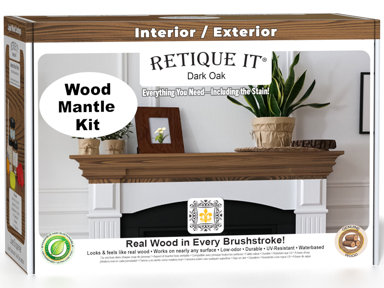 Retique It® Dark Oak Wood'n Finish Kit for fireplace mantels, featuring stain application on a wood mantel in the image.