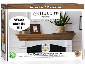 Retique It® Dark Oak Wood'n Finish Kit for fireplace mantels, featuring stain application on a wood mantel in the image.