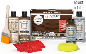 Retique It® Wood'n Finish Kit in Dark Oak for exterior wood, includes top coat and application tools in a boxed set.
