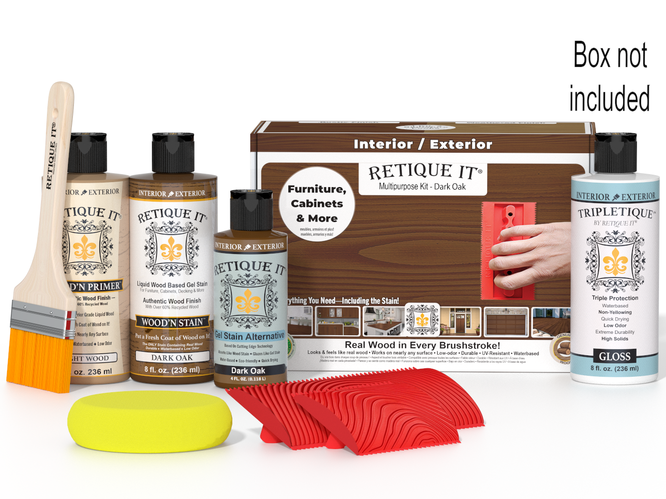 Retique It® Wood'n Finish Kit in Dark Oak with interior top coat, featuring wood finish products and application tools in the box.