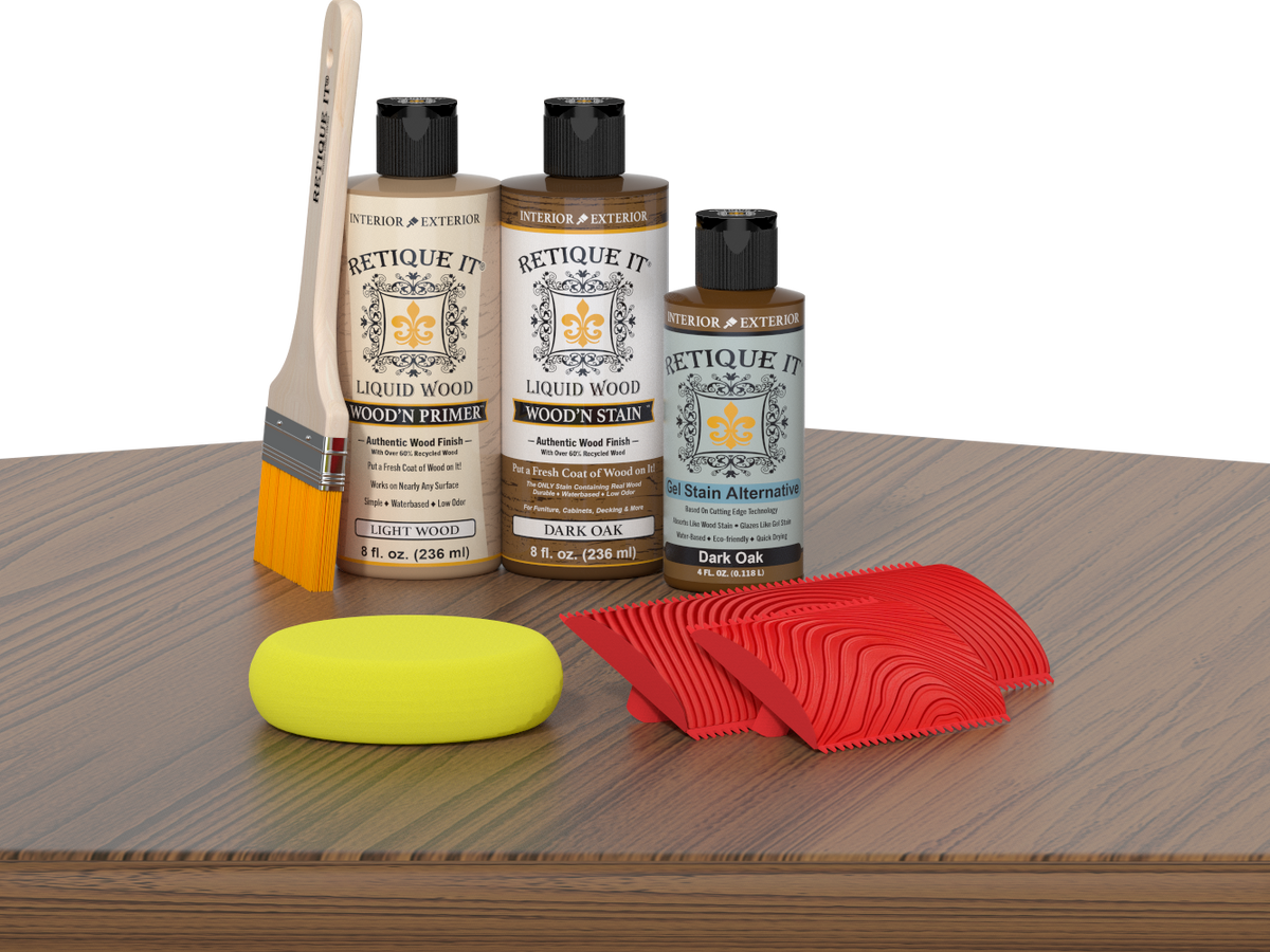 Retique It® Fireplace Mantel Wood'n Finish Kit in Dark Oak stain, showing the wood finish and stain application on a mantel.