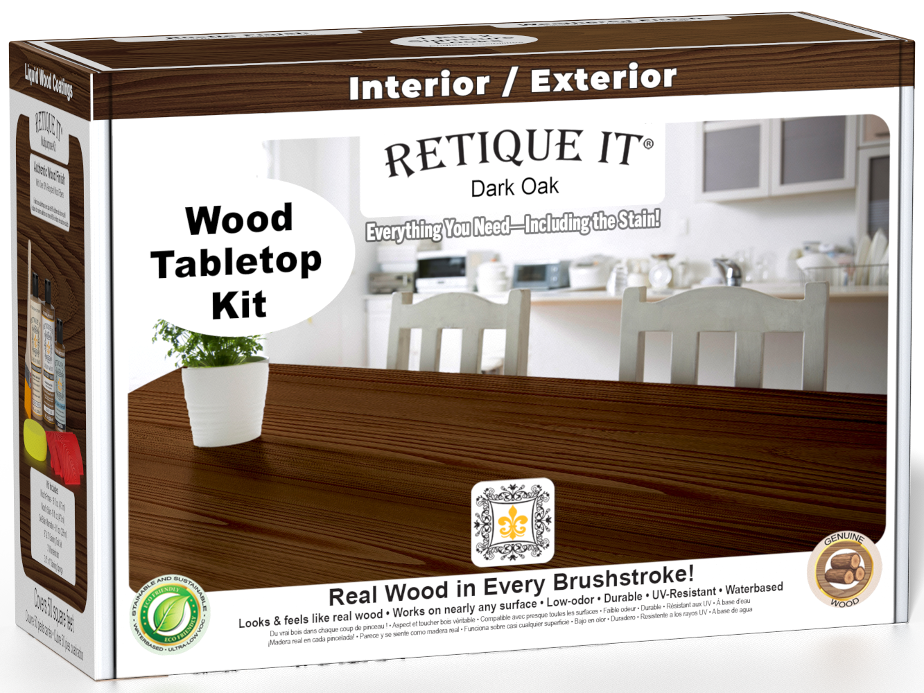 Retique It® Dark Oak Wood Tabletop Kit box featuring a Dark Oak wood finish and complete refinishing kit for interior and exterior surfaces.