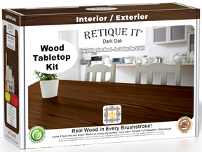 Retique It® Dark Oak Wood Tabletop Kit box featuring a Dark Oak wood finish and complete refinishing kit for interior and exterior surfaces.
