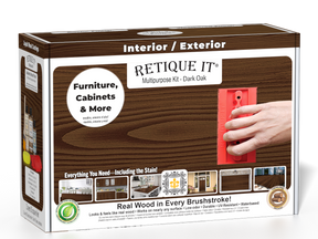 Retique It® Dark Oak Multipurpose Kit retail box featuring a Dark Oak wood finish, red graining tool demonstration, and furniture, cabinets & more project imagery.