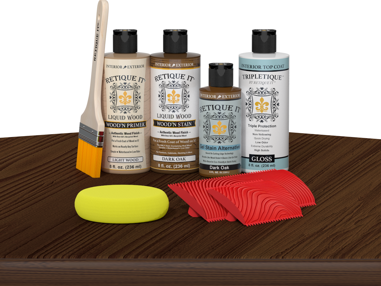 Retique It® Dark Oak Wood'n Kit with Light Wood Primer, Dark Oak Wood'n Stain, Dark Oak Gel Stain Alternative, Gloss TripleTique Top Coat, natural bristle brush, yellow sponge, and red graining tool displayed on a wood tabletop.