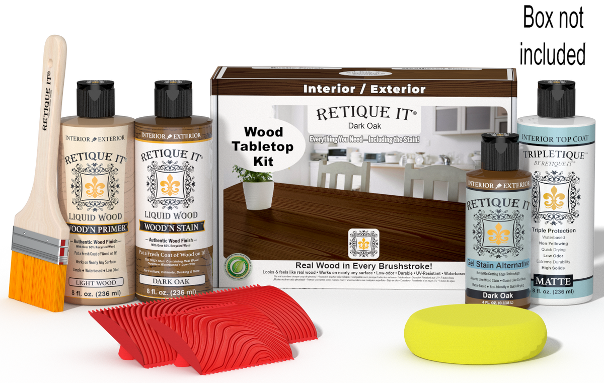 Retique It® Dark Oak Wood Tabletop Kit with Light Wood Primer, Dark Oak Wood'n Stain, Matte TripleTique Top Coat, Dark Oak Gel Stain Alternative, yellow sponge, red graining tool, brush, and kit box.