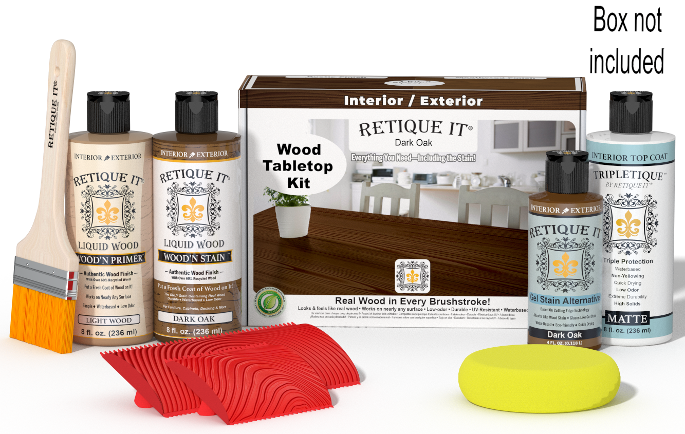 Retique It® Dark Oak Wood Tabletop Kit with Light Wood Primer, Dark Oak Wood'n Stain, Matte TripleTique Top Coat, Dark Oak Gel Stain Alternative, yellow sponge, red graining tool, brush, and kit box.